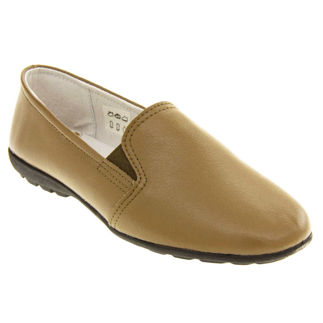 Women's loafers brown. Slip on loafer style shoes with a taupe leather upper. Brown elasticated gusset. Black sole with grip to the bottom. Right foot at an angle.