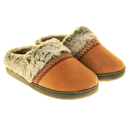 Womens Memory Foam Slippers. Mule style slippers with brown faux suede uppers. Grey faux fur collar with a red stripe with embroidered zigzag pattern where the upper meats the faux fur. Brown textile lining and firm black outsole with grip on the bottom. Both feet together at an angle.