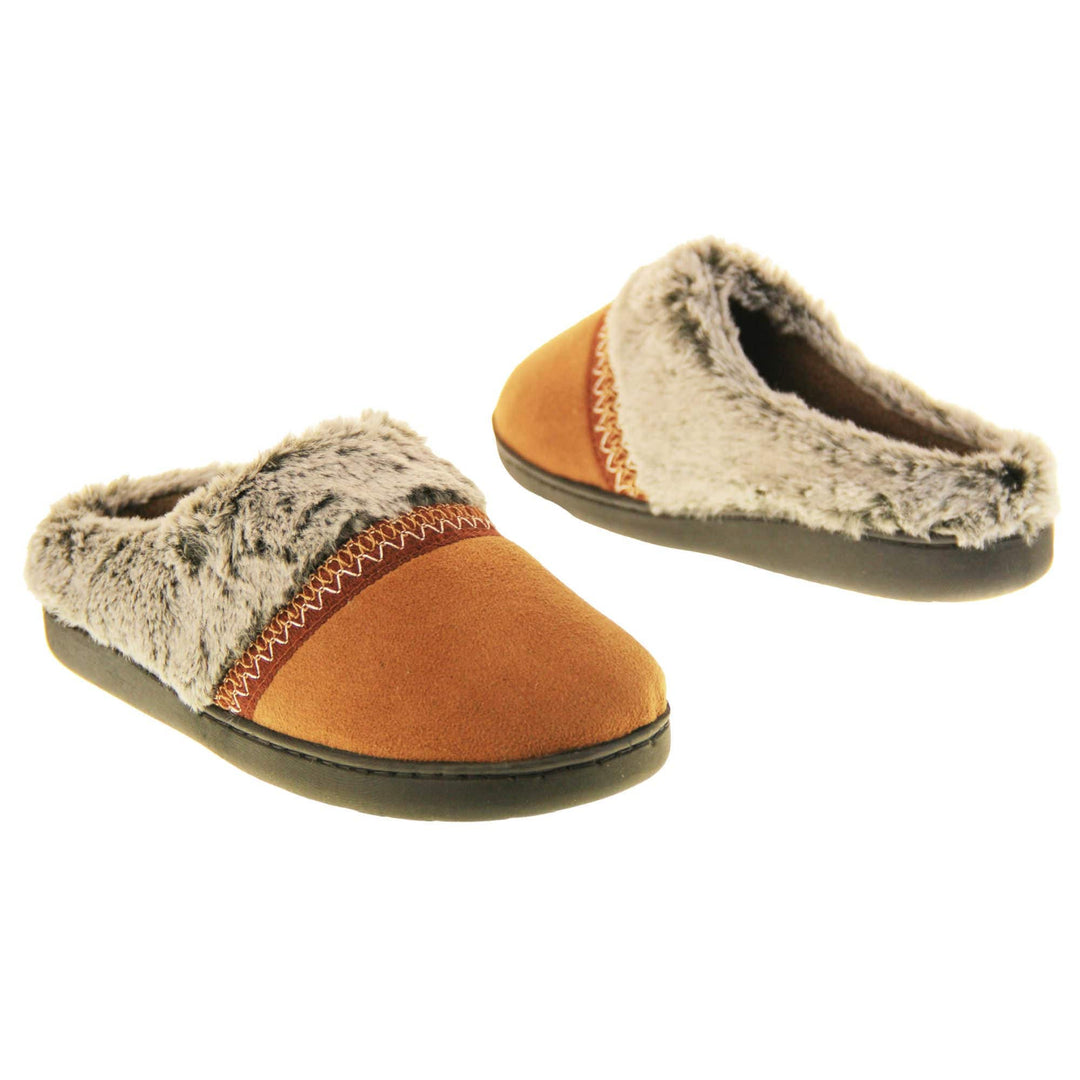 Womens Memory Foam Slippers. Mule style slippers with brown faux suede uppers. Grey faux fur collar with a red stripe with embroidered zigzag pattern where the upper meats the faux fur. Brown textile lining and firm black outsole with grip on the bottom. Both feet at an angle, facing top to tail.