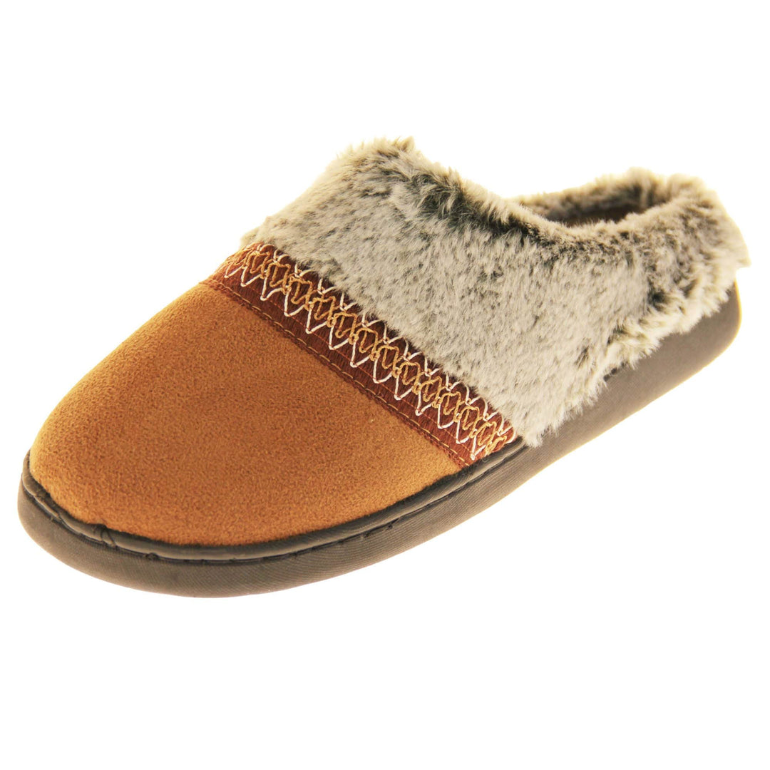 Womens Memory Foam Slippers. Mule style slippers with brown faux suede uppers. Grey faux fur collar with a red stripe with embroidered zigzag pattern where the upper meats the faux fur. Brown textile lining and firm black outsole with grip on the bottom. Left foot at an angle.