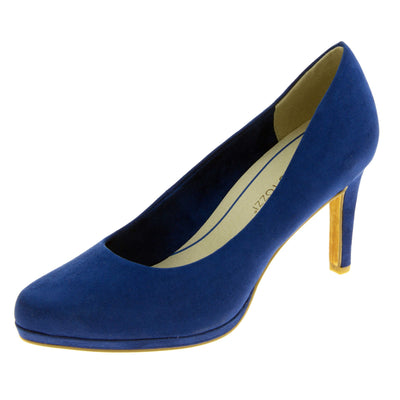 Womens navy court shoes.. Womens high heels with a faux suede navy blue upper. Cream insole with Marco Tozzi branding. Navy and beige faux suede lining. Navy faux suede mid stiletto heel. Brown sole. Left foot at an angle.