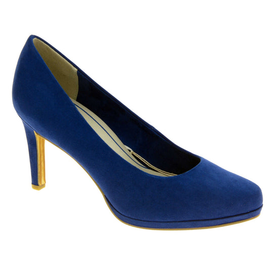 Womens navy court shoes.. Womens high heels with a faux suede navy blue upper. Cream insole with Marco Tozzi branding. Navy and beige faux suede lining. Navy faux suede mid stiletto heel. Brown sole. Right foot at an angle.