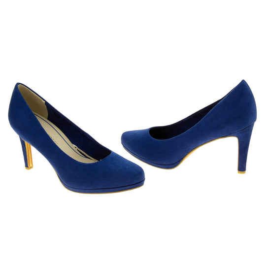 Womens navy court shoes.. Womens high heels with a faux suede navy blue upper. Cream insole with Marco Tozzi branding. Navy and beige faux suede lining. Navy faux suede mid stiletto heel. Brown sole. Both feet at an angle facing top to tail.