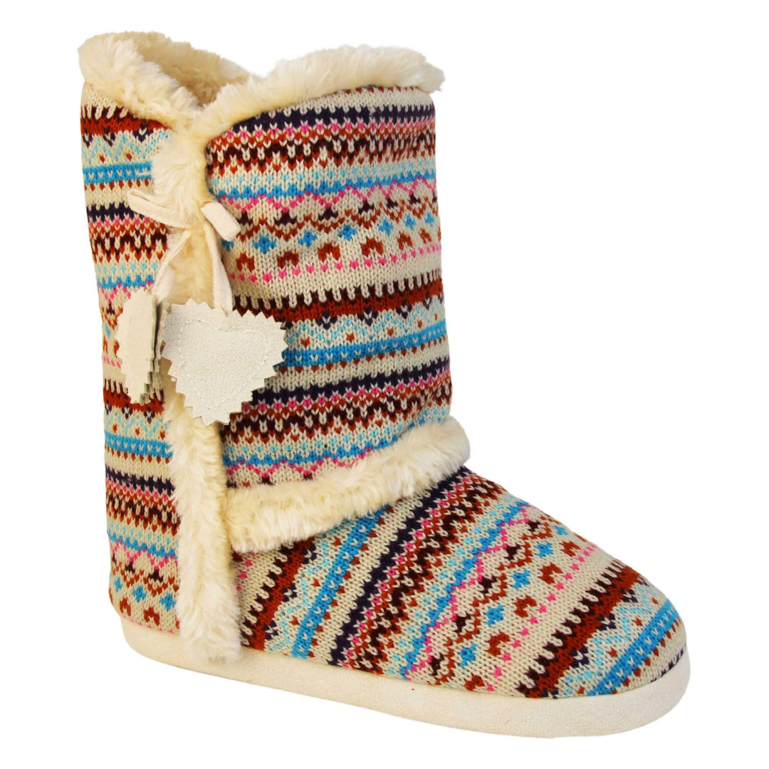 Womens Nordic Slipper Boots - Cream multi Christmas knit upper in nordic & scandinavian style with felt love heart tassles to the side, light beige plush faux fur trim and lining. Right foot at angle