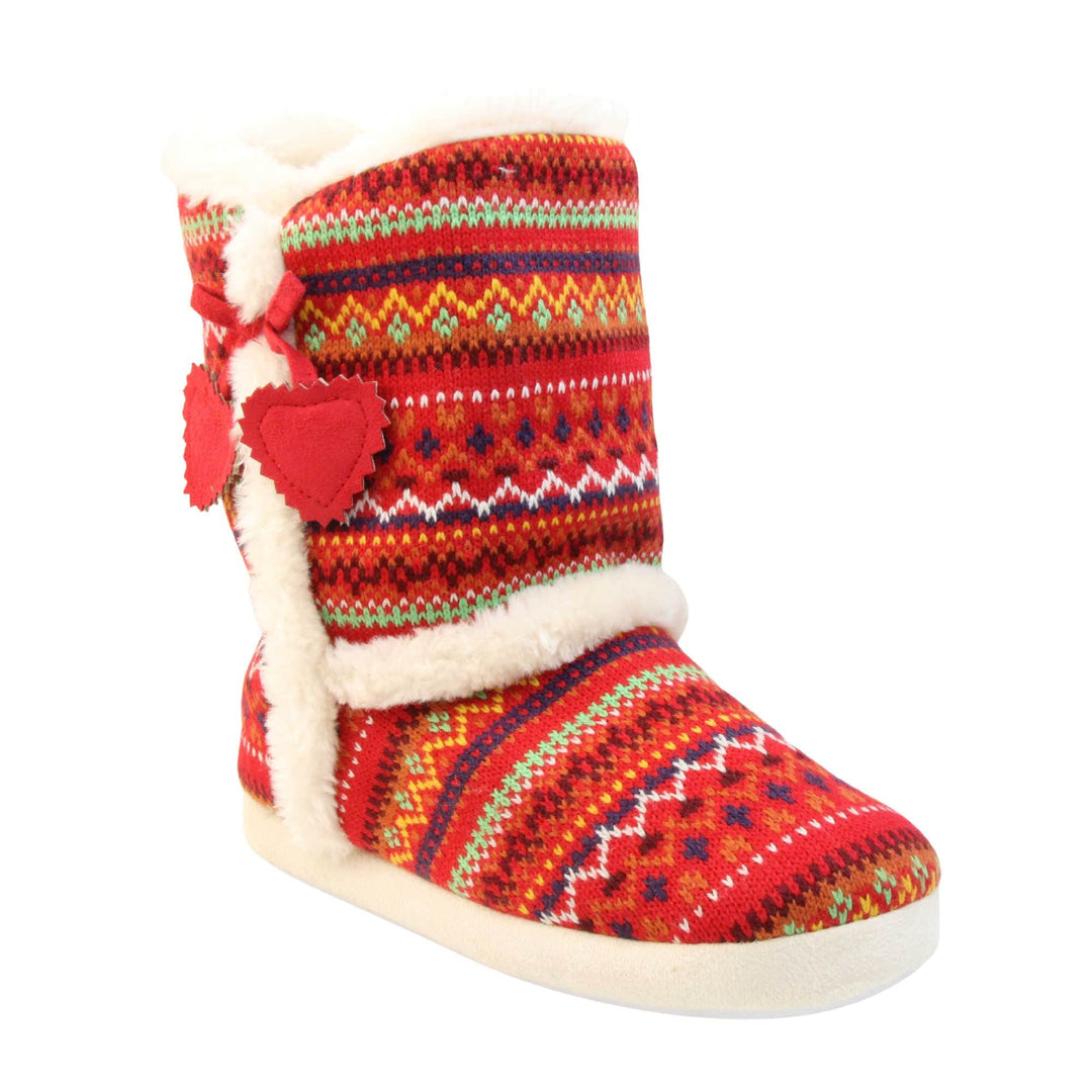 Womens Nordic Slipper Boots - Red multi Christmas knit upper in nordic & scandinavian style with felt love heart tassles to the side, light beige plush faux fur trim and lining. Right foot at angle