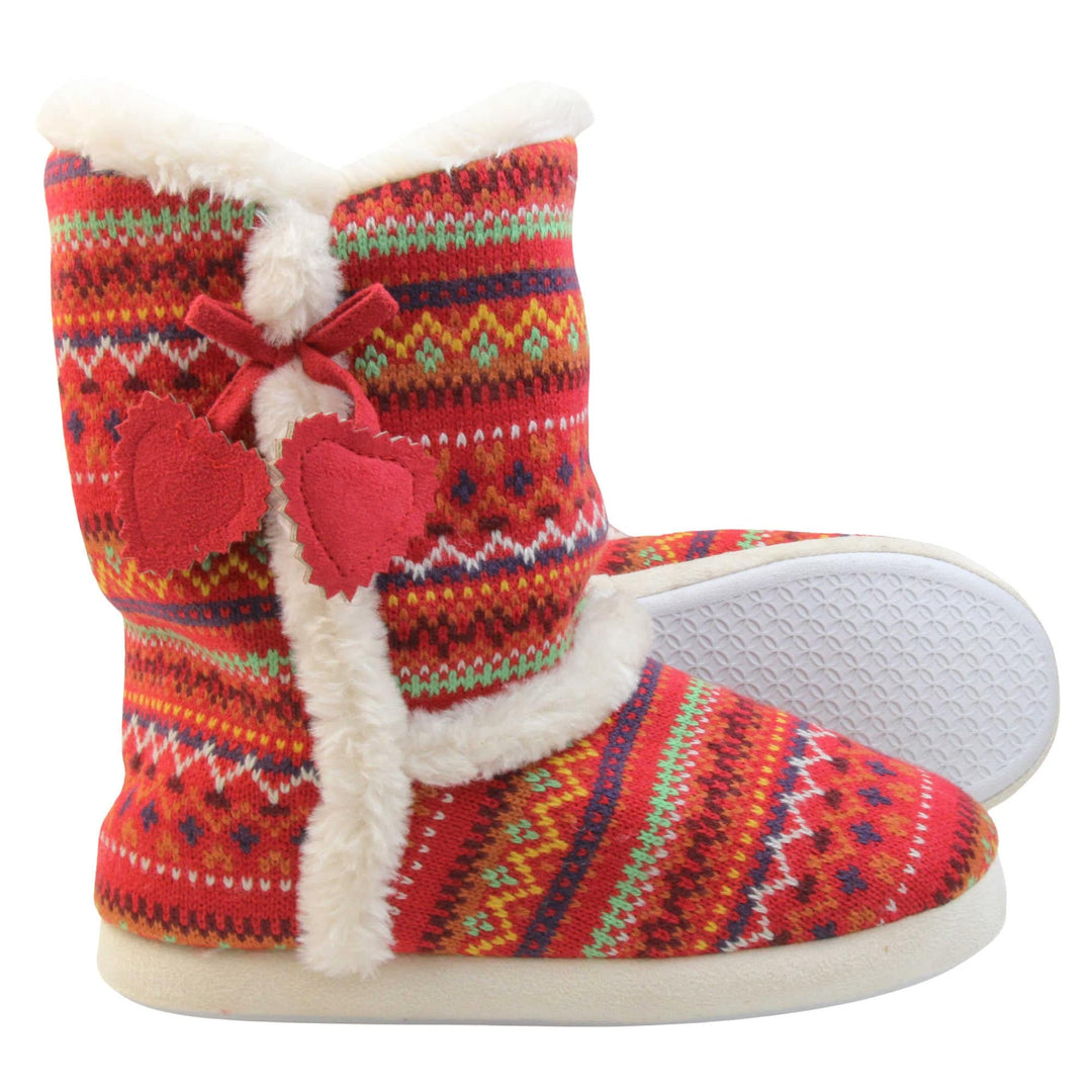 Womens Nordic Slipper Boots - Red multi Christmas knit upper in nordic & scandinavian style with felt love heart tassles to the side, light beige plush faux fur trim and lining. Both feet with outsole showing.
