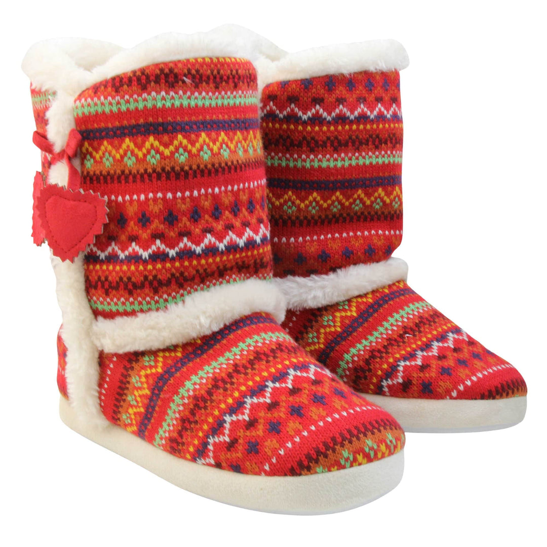 Womens Nordic Slipper Boots - Red multi Christmas knit upper in nordic & scandinavian style with felt love heart tassles to the side, light beige plush faux fur trim and lining. Both feet together at angle.