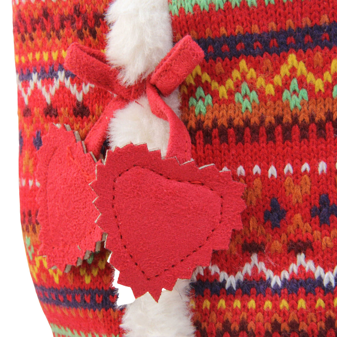 Womens Nordic Slipper Boots - Red multi Christmas knit upper in nordic & scandinavian style with felt love heart tassles to the side, light beige plush faux fur trim and lining. Close up of felt heart detail on the side of slipper