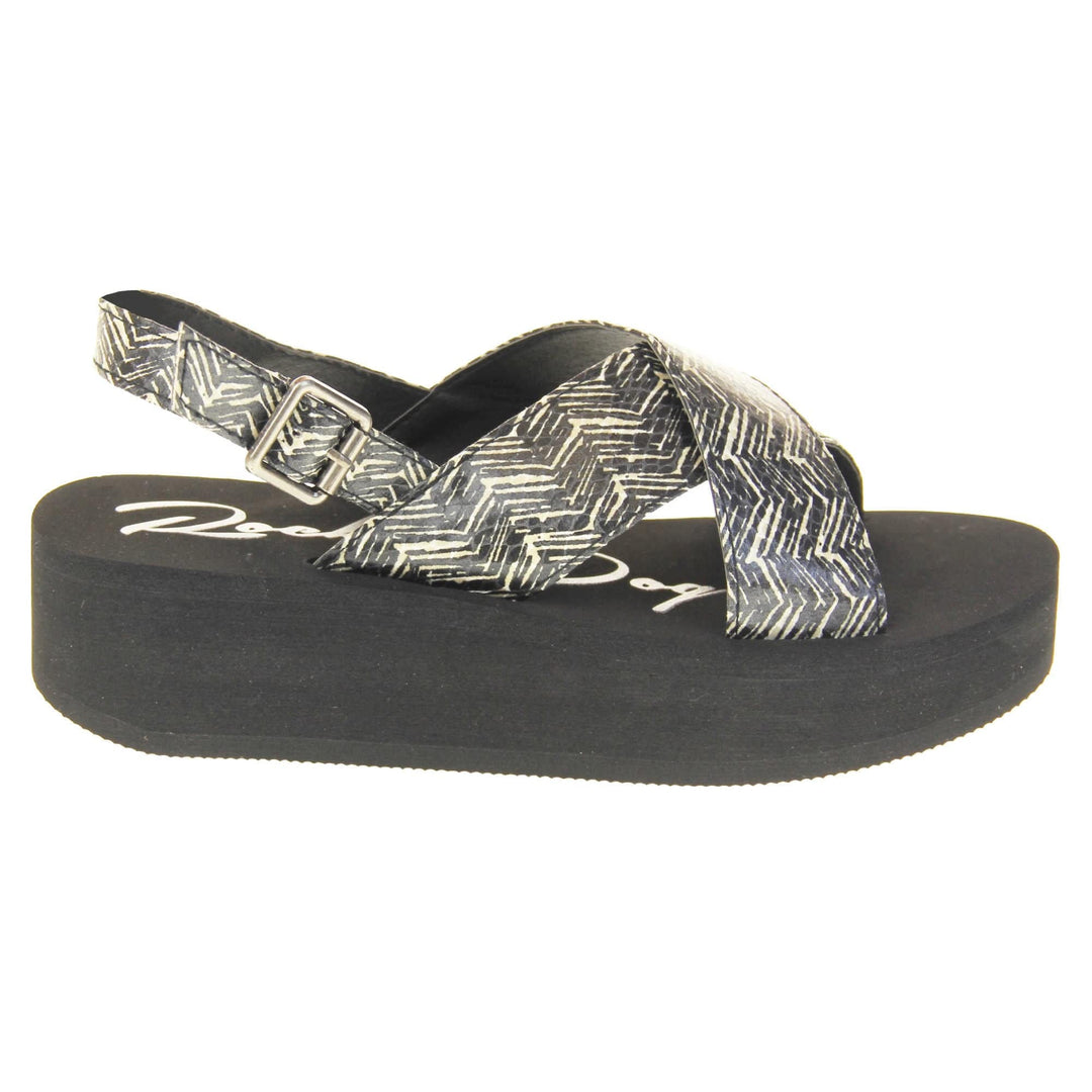 Womens platform wedge sandals - Black foam platform outsole with a black and cream upper with a zigzag design. Two straps crossed over the top of the foot and a strap around the back of the ankle. Silver buckle fastening to the outside of the ankle strap. Right foot side on.