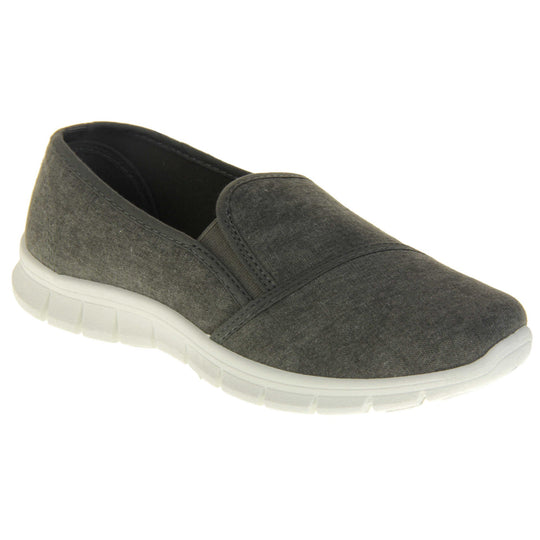Women's plimsolls grey. Slip on plimsoll style shoes with a grey canvas upper. Grey elasticated gusset. Chunky white sole. Right foot at an angle.