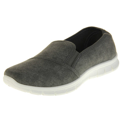 Women's plimsolls grey. Slip on plimsoll style shoes with a grey canvas upper. Grey elasticated gusset. Chunky white sole. Left foot at an angle.