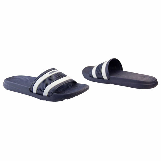 Womens pool sliders. Dark blue synthetic over foot strap with two white stripes in between blue ones. Blue Gola branding in the centre of the top white stripe. Dark blue outsole with moulded footbed. Light studs and grip to the base to help prevent slipping. Both shoes about an inch apart at a slight angle facing top to tail.