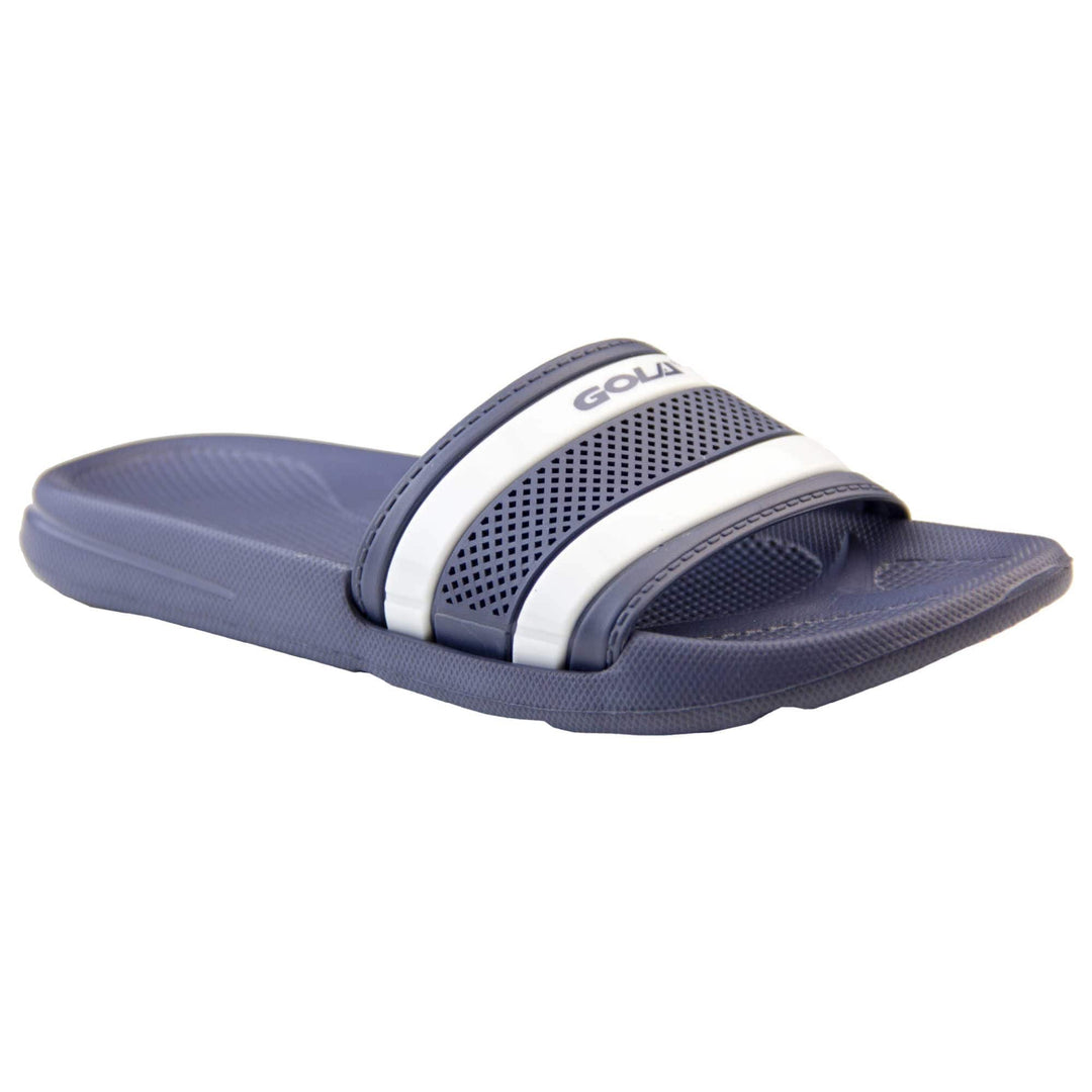 Womens pool sliders. Dark blue synthetic over foot strap with two white stripes in between blue ones. Blue Gola branding in the centre of the top white stripe. Dark blue outsole with moulded footbed. Light studs and grip to the base to help prevent slipping. Right foot at an angle,