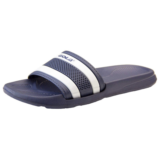 Womens pool sliders. Dark blue synthetic over foot strap with two white stripes in between blue ones. Blue Gola branding in the centre of the top white stripe. Dark blue outsole with moulded footbed. Light studs and grip to the base to help prevent slipping. Left foot at an angle,