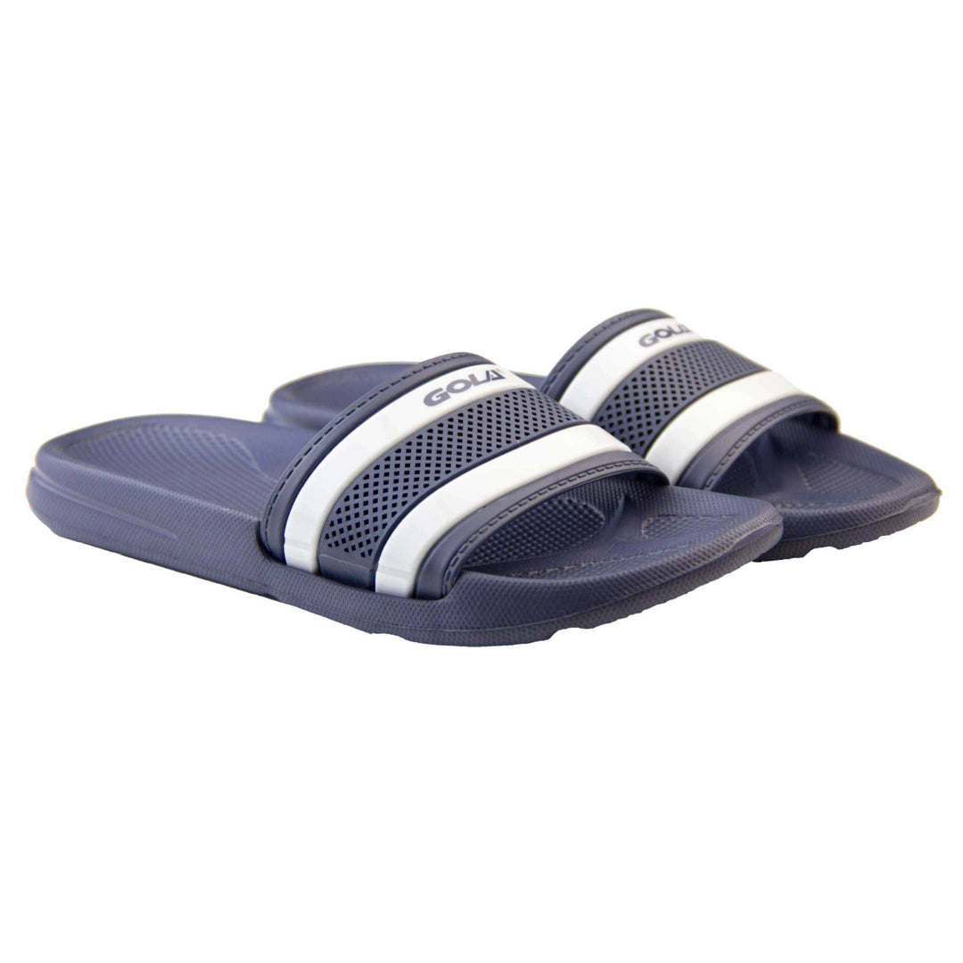 Womens pool sliders. Dark blue synthetic over foot strap with two white stripes in between blue ones. Blue Gola branding in the centre of the top white stripe. Dark blue outsole with moulded footbed. Light studs and grip to the base to help prevent slipping. Both shoes together from an angle