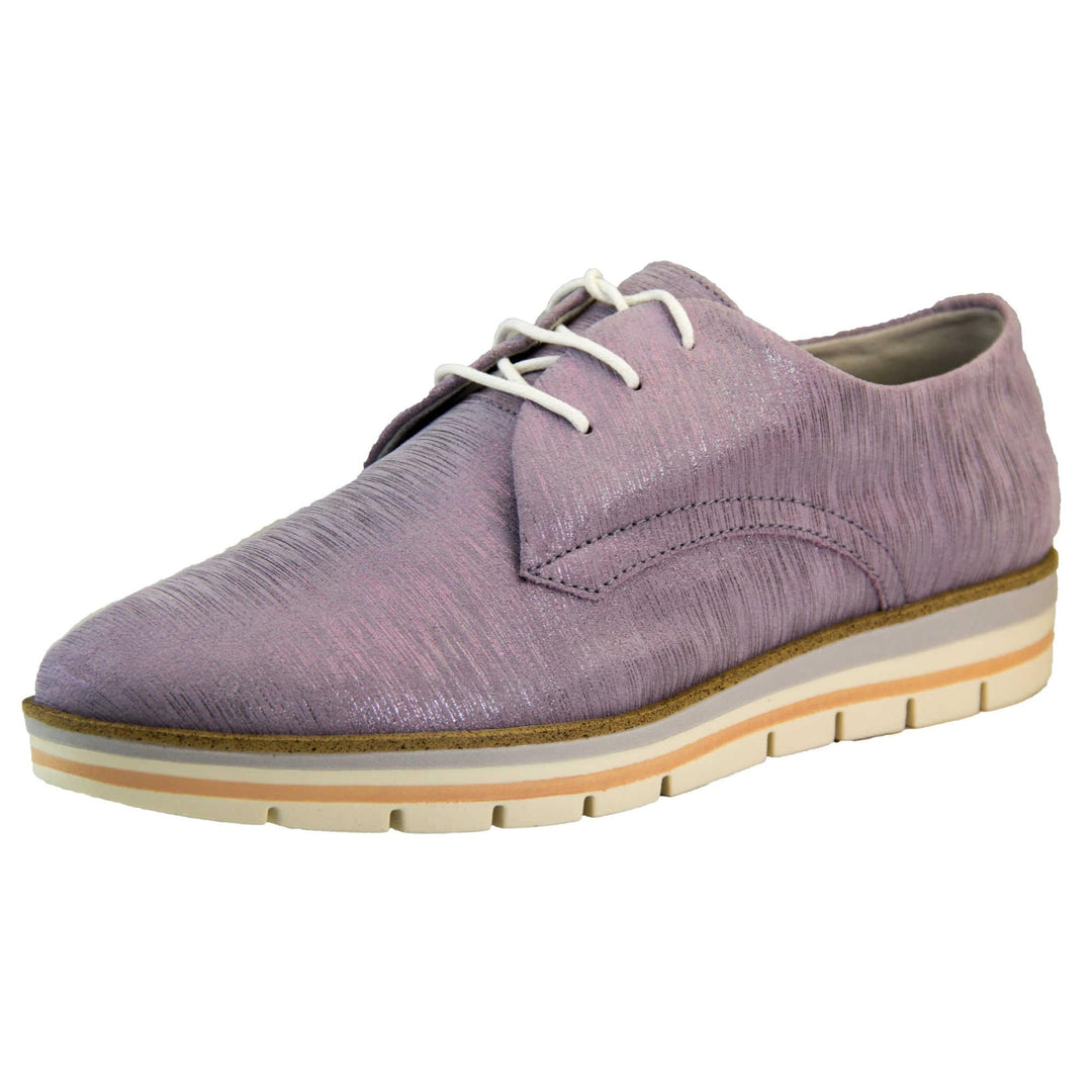 Womens purple dress shoes. Womens oxford style shoes with a lavender metallic faux leather upper. Stitching detail to the sides. Cream laces and beige lining and cream, orange and lilac layered platform sole. Left foot at an angle.