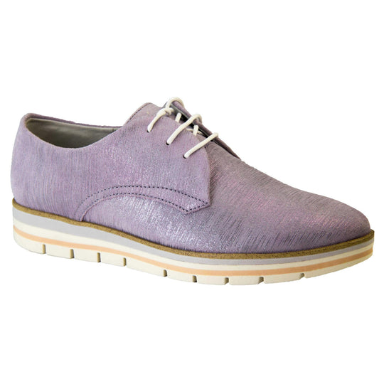 Womens purple dress shoes. Womens oxford style shoes with a lavender metallic faux leather upper. Stitching detail to the sides. Cream laces and beige lining and cream, orange and lilac layered platform sole. Right foot at an angle.