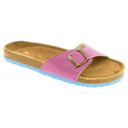 Womens purple sandals. Purple faux leather strap with gold buckle. Soft tan faux suede footbed with cork effect outsole and blue sole. Right foot at an angle.