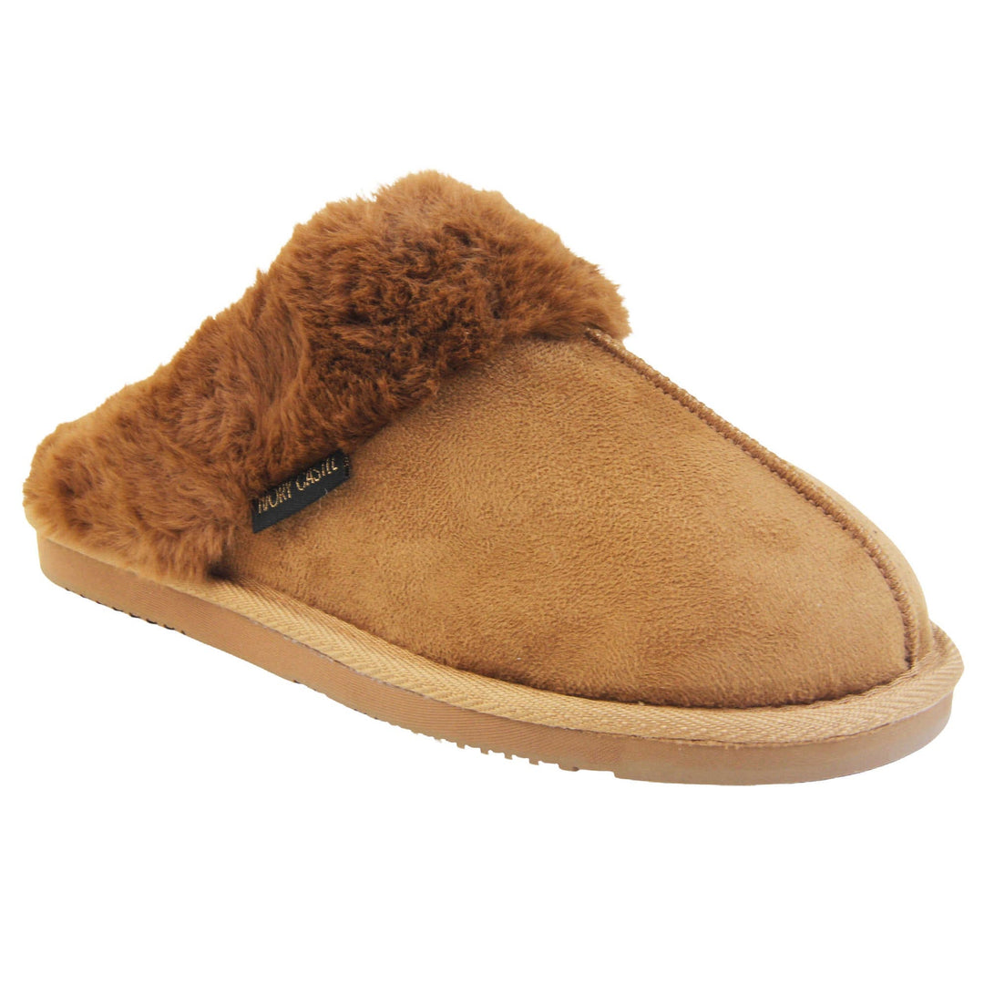 Womens slip on slippers. Mule style slippers with brown faux suede uppers. Brown faux fur lining and collar. Firm brown outsole with grip on the bottom. Right foot at an angle.