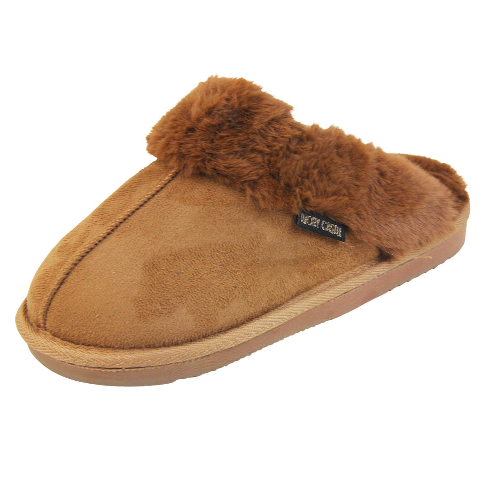 Womens slip on slippers. Mule style slippers with brown faux suede uppers. Brown faux fur lining and collar. Firm brown outsole with grip on the bottom. Left foot at an angle.
