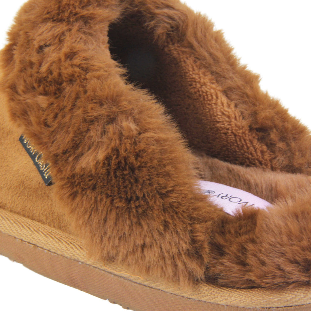Womens slip on slippers. Mule style slippers with brown faux suede uppers. Brown faux fur lining and collar. Firm brown outsole with grip on the bottom. Close up of the fluffy lining and collar.