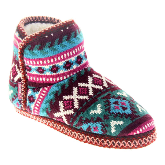 Womens slipper boots. Womens ankle high boot style slippers. Multi coloured knit upper in Aztec pattern. Cream plush faux fur lining. Right foot at an angle.
