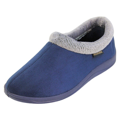 Womens slippers with back. Womens low top bootie style slippers with navy blue velour uppers. Grey plush textile collar. Matching textile lining. Firm navy sole. Left foot at an angle.