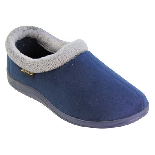 Womens slippers with back. Womens low top bootie style slippers with navy blue velour uppers. Grey plush textile collar. Matching textile lining. Firm navy sole. Right foot at an angle.