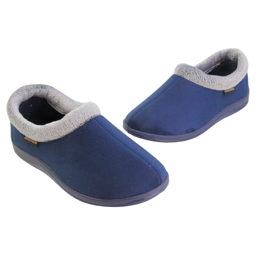 Womens slippers with back. Womens low top bootie style slippers with navy blue velour uppers. Grey plush textile collar. Matching textile lining. Firm navy sole. Both feet together in a V shape with the toes almost touching.