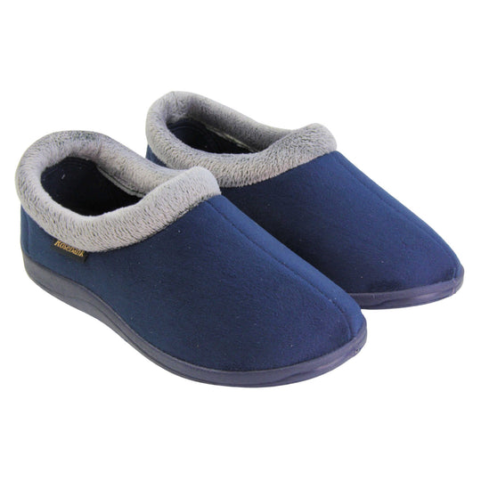 Womens slippers with back. Womens low top bootie style slippers with navy blue velour uppers. Grey plush textile collar. Matching textile lining. Firm navy sole. Both feet together at an angle.