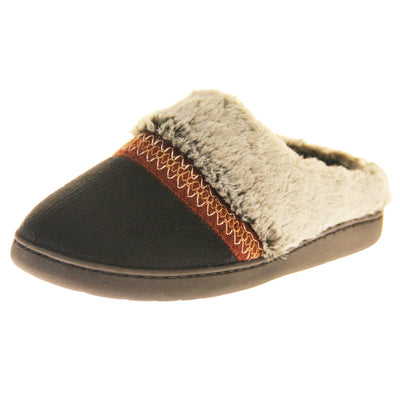 Womens Washable Slippers. Mule style slippers with black faux suede uppers. Grey faux fur collar with a red stripe with embroidered zigzag pattern where the upper meats the faux fur. Black textile lining and firm black outsole with grip on the bottom. Left foot at an angle.