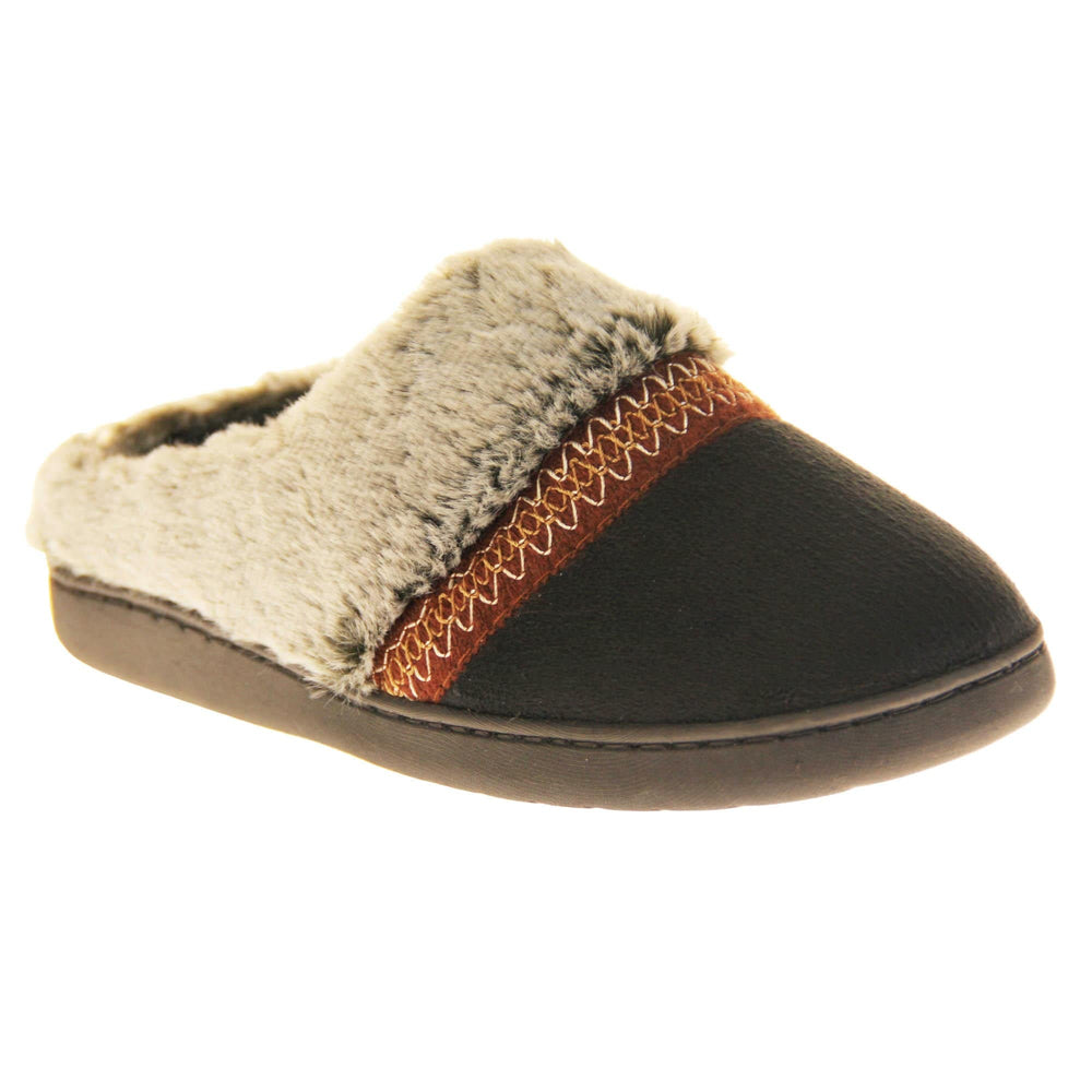 Womens Washable Slippers. Mule style slippers with black faux suede uppers. Grey faux fur collar with a red stripe with embroidered zigzag pattern where the upper meats the faux fur. Black textile lining and firm black outsole with grip on the bottom. Right foot at an angle.