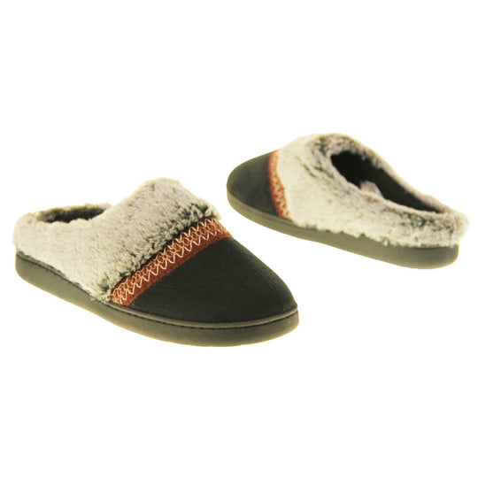 Womens Washable Slippers. Mule style slippers with black faux suede uppers. Grey faux fur collar with a red stripe with embroidered zigzag pattern where the upper meats the faux fur. Black textile lining and firm black outsole with grip on the bottom. Both feet at an angle, facing top to tail.