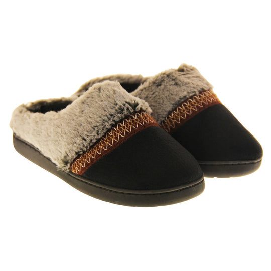 Womens Washable Slippers. Mule style slippers with black faux suede uppers. Grey faux fur collar with a red stripe with embroidered zigzag pattern where the upper meats the faux fur. Black textile lining and firm black outsole with grip on the bottom. Both feet together at an angle.