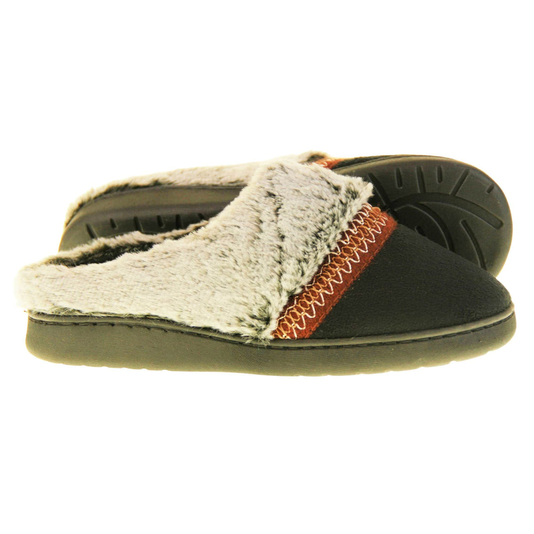 Womens Washable Slippers. Mule style slippers with black faux suede uppers. Grey faux fur collar with a red stripe with embroidered zigzag pattern where the upper meats the faux fur. Black textile lining and firm black outsole with grip on the bottom. Both feet from a side profile with the left foot on its side behind the the right foot to show the sole.