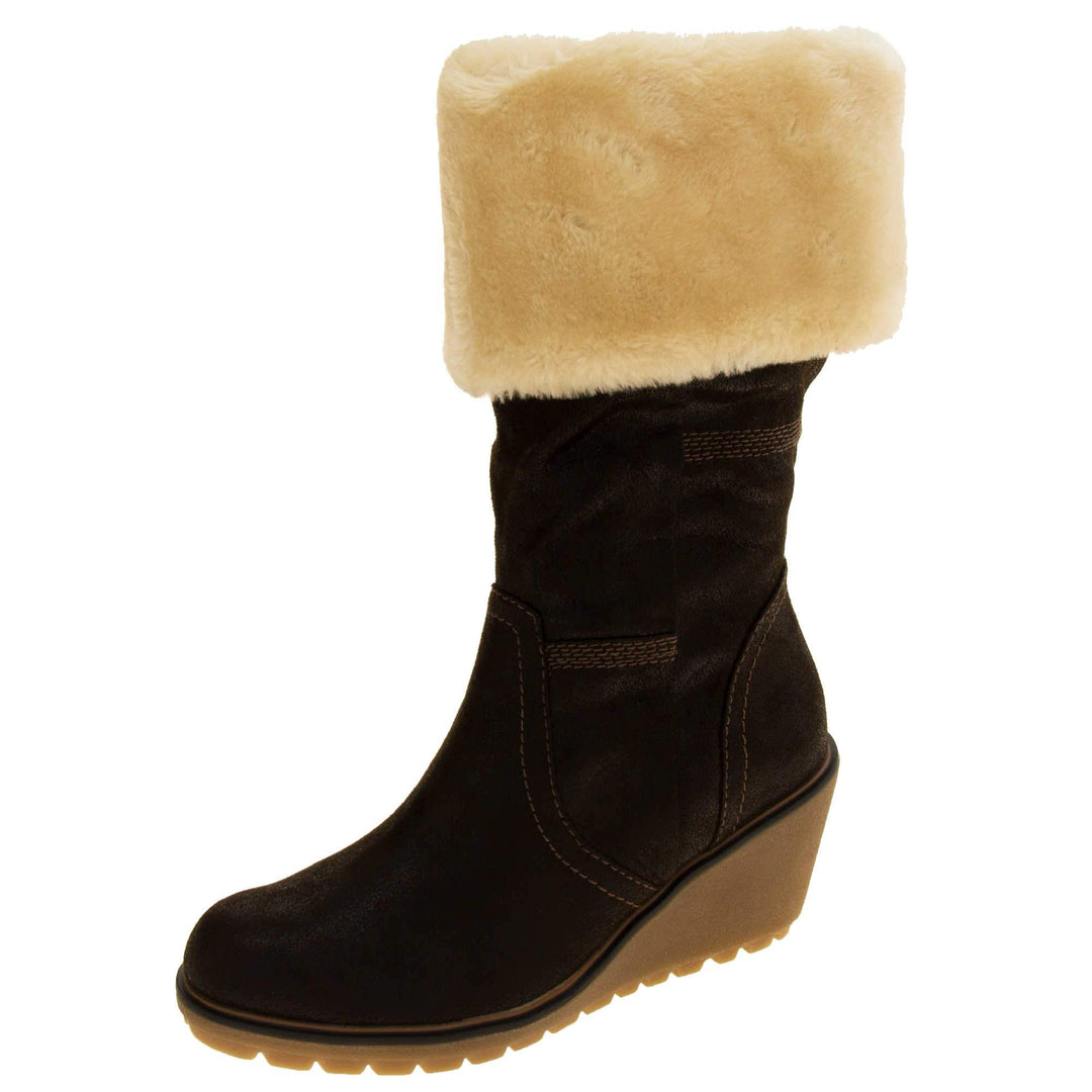 Womens wedge heel boots - brown suede effect upper with chunky wedge heel, full inner zip, faux fur cuff and brown stitching. Left foot at angle.