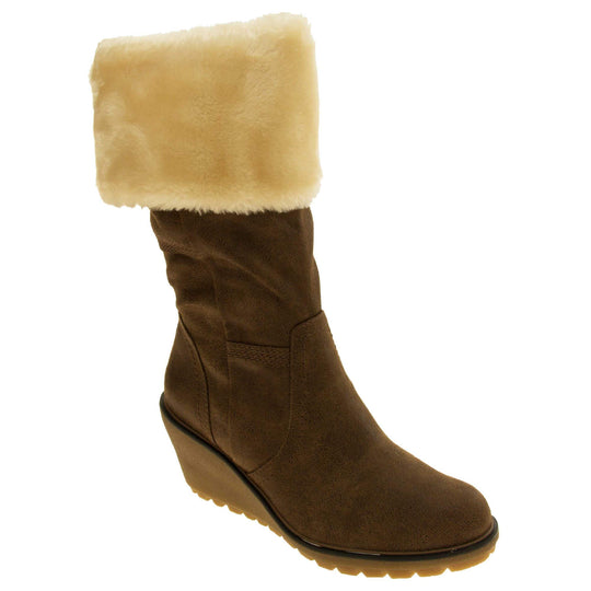 Womens wedge heel boots - tobacco brown vintage suede effect upper with brown stitching, chunky platform wedge heel and cream fur cuff. Right foot at angle.