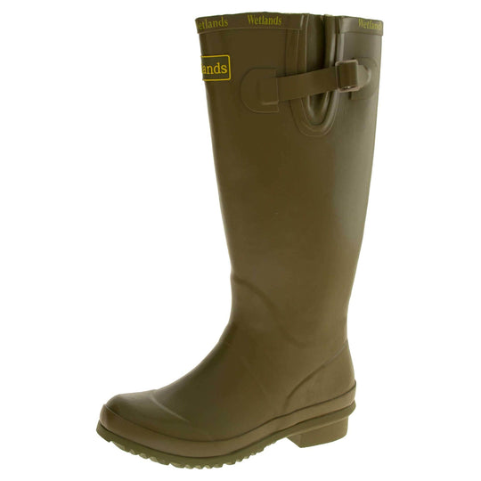 Womens Wellies. Green rubber waterproof wellington boots. Just below knee height. With a small heel and deep tread to the sole. Yellow Wetlands Brand to the front of the boot near the top. Brighter green Wetlands written numerous times around the rim of the boot. Side strap with buckle to adjust the calf width. Textile lining to the inside of the boot. Left foot at an angle.