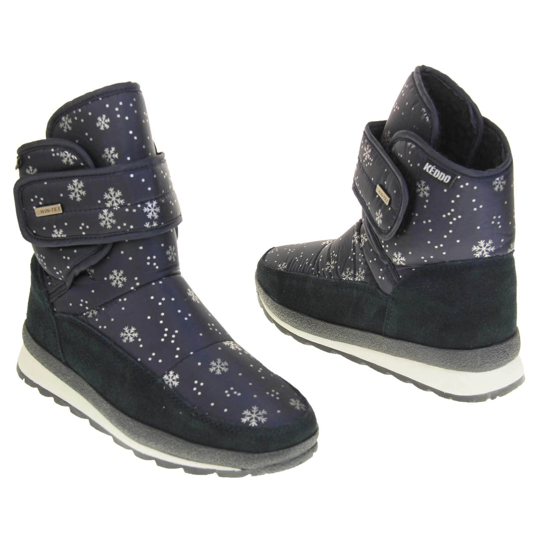 Womens Winter Boots. Navy blue textile upper with snowflake and dots pattern on in white. Dark blue faux-suede edging to the bottom of the boot . Grey and white chunky sole with good grip. Faux fur lining. Silver metal Win-Tex tag on the touch fasten strap, Keddo label along outside rim of the foot. Both feet facing top to tail